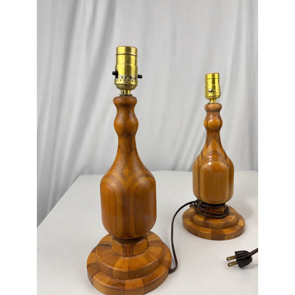 Vintage Pair Inlaid Wood Table Lamps Mid Century Boho Parquet Lighting